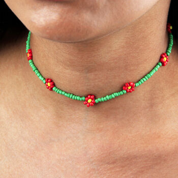 Green Red Colourful Seed Bead Flower Choker Necklace, 2 of 7