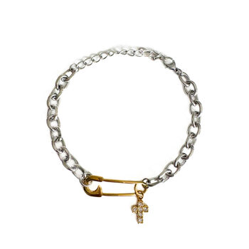 Silver Chain Bracelet Gold Safety Pin And Cross Charm, 2 of 3