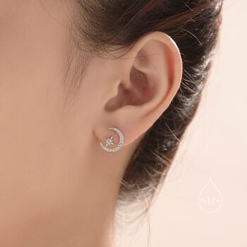 Delicate Cz Moon And Star Stud Earrings, 6 of 10