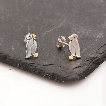 Sterling Silver Puffin Bird Earrings Available In Stud, Hoop, And Hook Styles, 2 of 12