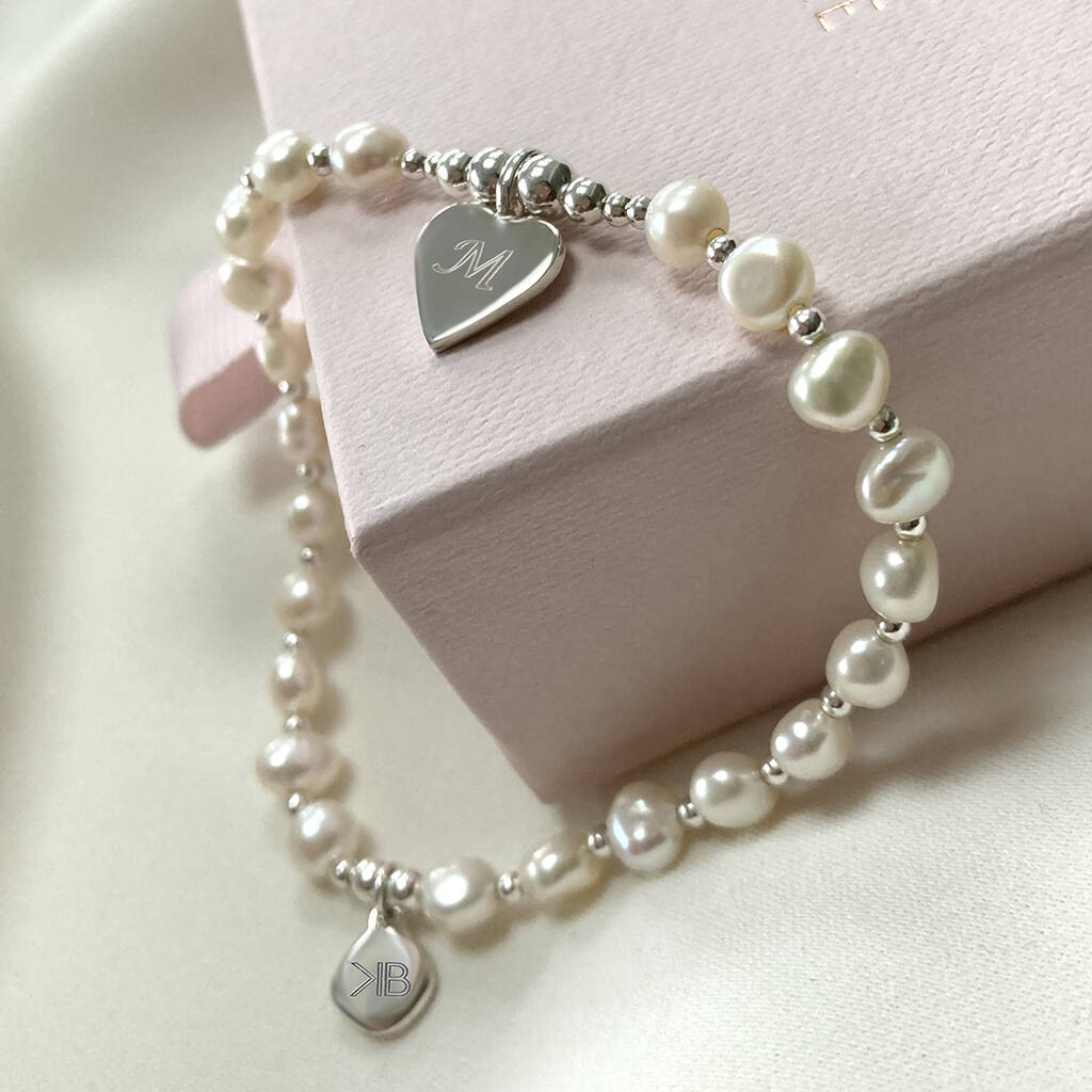 Personalised Freshwater Pearl Heart Charm Bracelet By Katie Belle |  