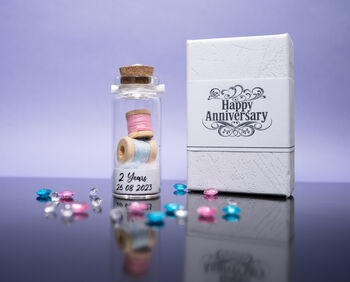 Personalised 2nd Cotton Pink And Blue Anniversary Tiny Bottle Gift, 3 of 3