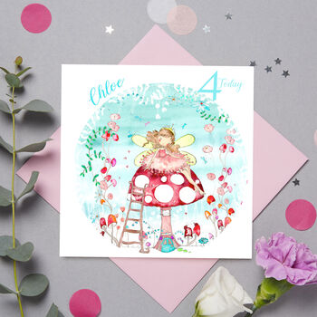 Pink Fairy Toadstool Customisable Birthday Card, 2 of 4