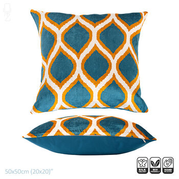 Ikat Velvet Cushion Cover With Blue And Yellow 50x50cm, 2 of 5