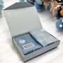 Gift Boxed Denim Cashmere Blend Scarf And Grey Metallic Mulberry Tree Scarf Set, thumbnail 1 of 7