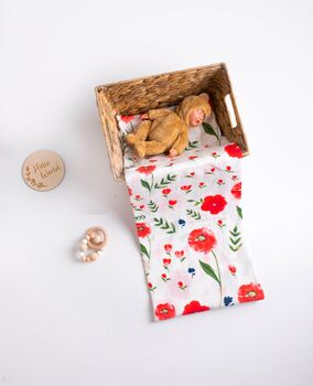 Red Poppy Floral Cotton Muslin Swaddle Blanket, 2 of 3