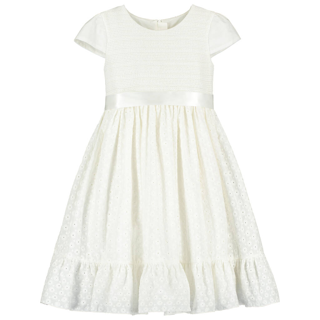 Clara Flower Girl Embroidery Cotton Dress, White, 1 of 2