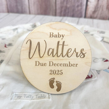 Personalised Wooden Baby Due Announcement Disc, 5 of 6