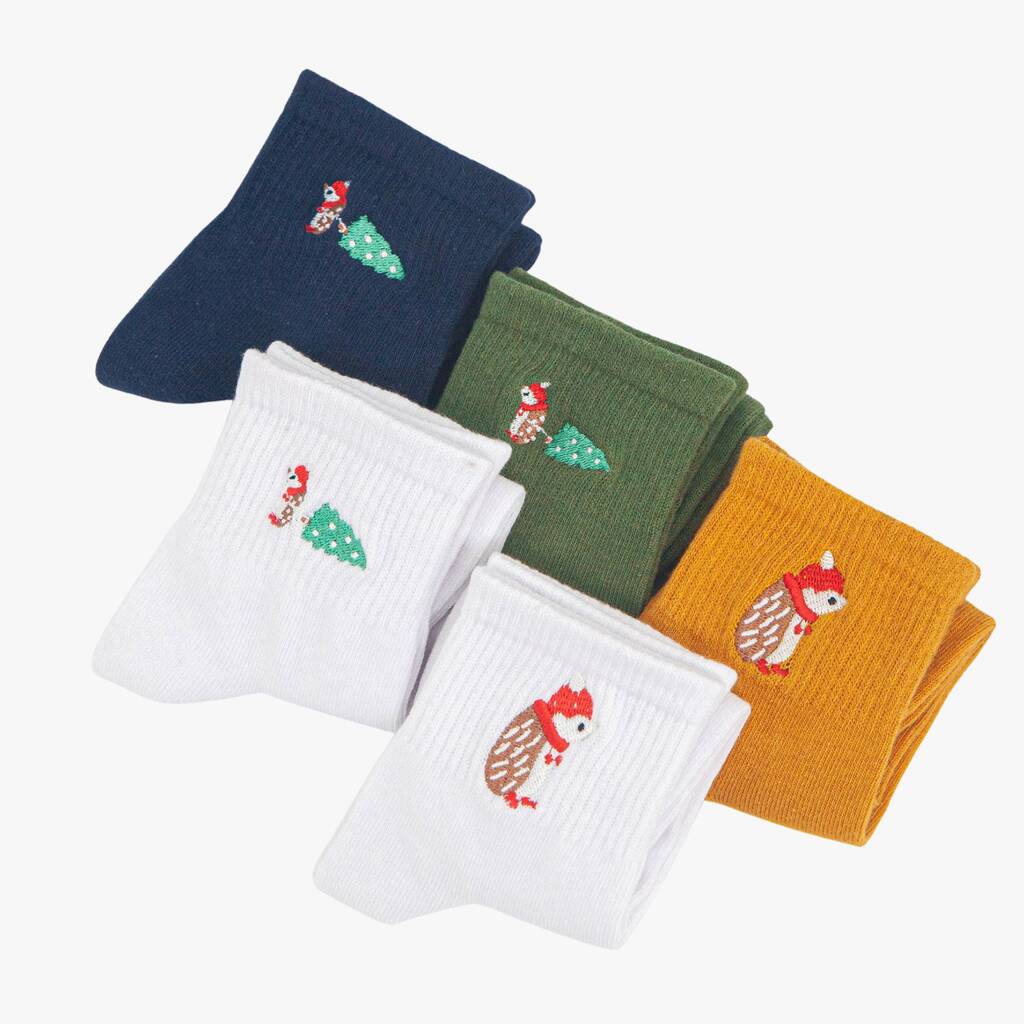 Women's Christmas Hedgehog Embroidered Cotton Ankle Socks Five Pack, 1 of 7