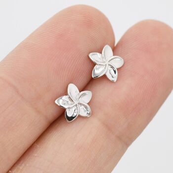 Sterling Silver Tiny Plumeria Flower Stud Earrings, 4 of 12