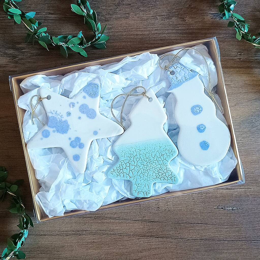 Decoration Gift Set Of Three. Blue Ceramic Decorations Gift Box, 1 of 2