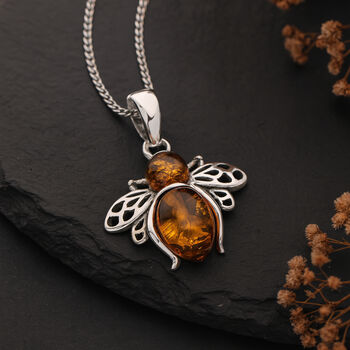 Personalised Sterling Silver Baltic Amber Bumble Bee Necklace, 3 of 11