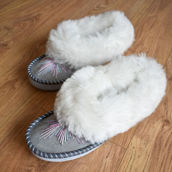 Peacock Pink Sheepskin Moccasins Slippers, 4 of 6