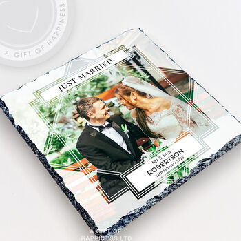 Just Married Personalised Rock Photo Slate Wedding Gift, 2 of 6