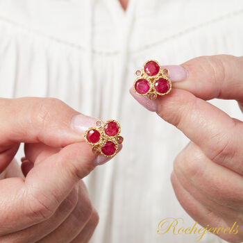 Ruby Triple Stone Gold And Silver Stud Earrings, 4 of 9
