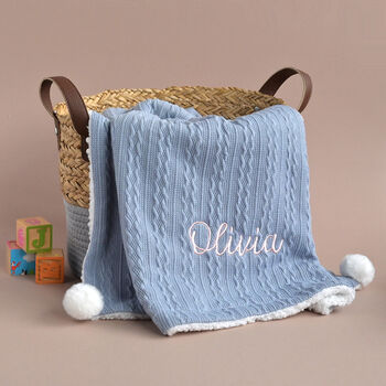 Personalised Dusty Blue Knit Baby Blanket, 9 of 12