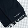 Personalised Navy Tassled Scarf With Customisable Slogan, thumbnail 3 of 4