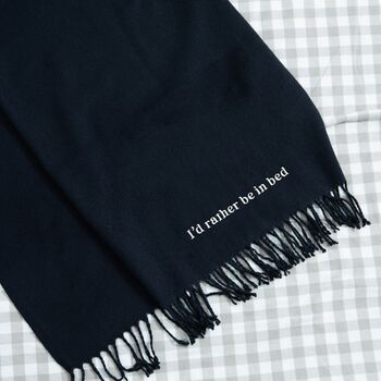 Personalised Navy Tassled Scarf With Customisable Slogan, 3 of 4