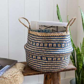 Navy And Natural Seagrass Belly Basket Two Sizes, 2 of 4