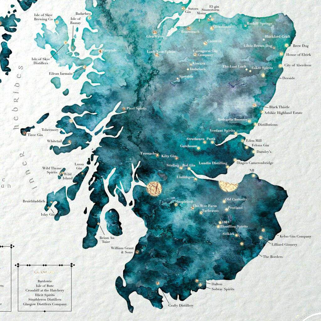 Scottish Gin Distillery Watercolour Map Art Print By EJayDesign