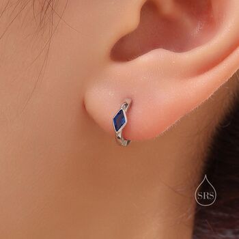Tiny Rhombus Sapphire Blue Cz Huggie Hoop In Sterling Silver, 4 of 12