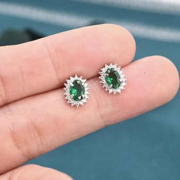 Emerald Green Oval Cz Stud Earrings In Sterling Silver, 9 of 11