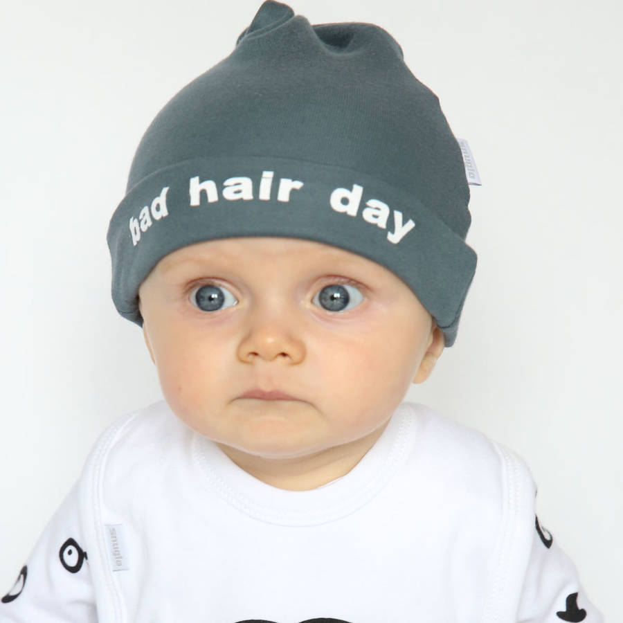 bad hair day charcoal baby hat with white slogan by snuglo
