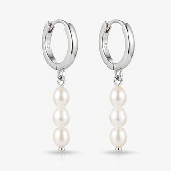 Women's Sterling Silver Pearl Dangle Hoop Earrings, 4 of 4
