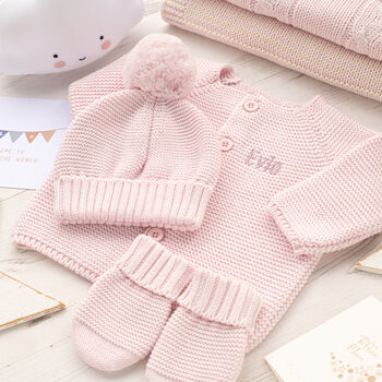 Luxury Cotton Baby Cardigan, Bobble Hat And Mittens Set, 9 of 12