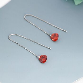 Garnet Red Cz Heart Threader Earrings, 3 of 8