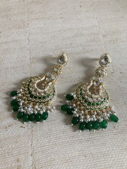 Meenakari Green Gold Plated Dangle Indian Earrings, 5 of 8