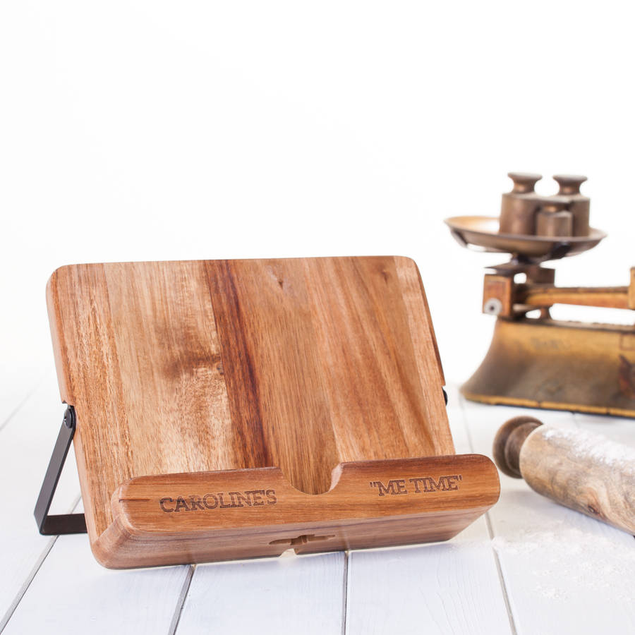 personalised cookbook and wooden tablet stand by british and bespoke