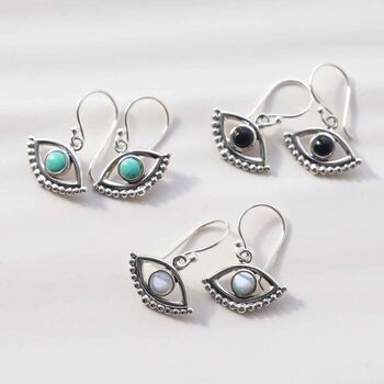 Sterling Silver Gemstone Evil Eye Dangly Earrings, 2 of 10