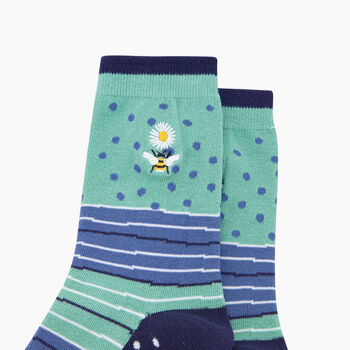 Embroidered Bee Daisy Combed Cotton Socks In Green, 2 of 4