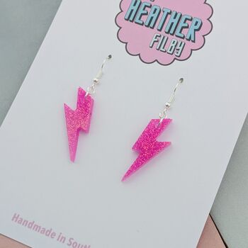 Neon Pink Glitter Lightning Bolt Earrings Small And Large, 8 of 10