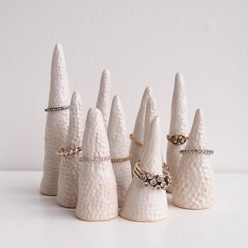 Handmade White Ceramic Circle Texture Ring Display Cones, 3 of 7