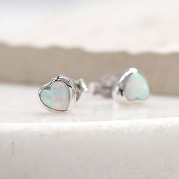 Sterling Silver White Opal Heart Stud Earrings, 3 of 10