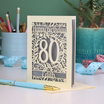 Personalised 80th Birthday Card Papercut Flower Design, 4 of 6