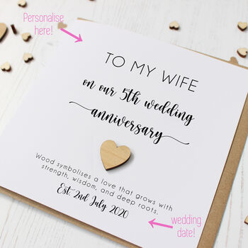 Personalised 5th Anniversary Card With Wooden Heart, 5 of 8