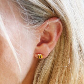Mismatched Bee Sunflower Stud Earrings In Gold Plating, 3 of 6