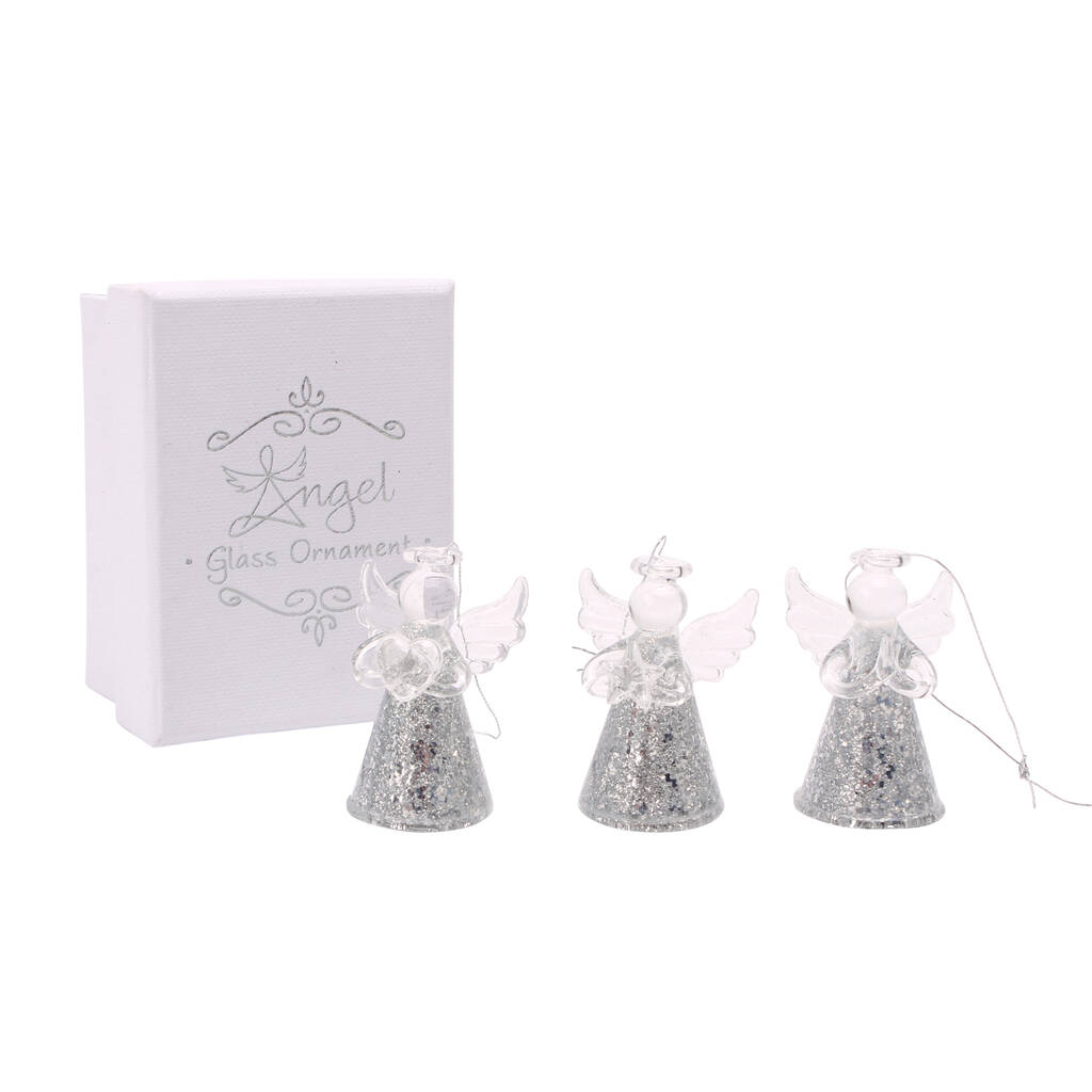 Set Of Three Individually Boxed Silver Glass Angels