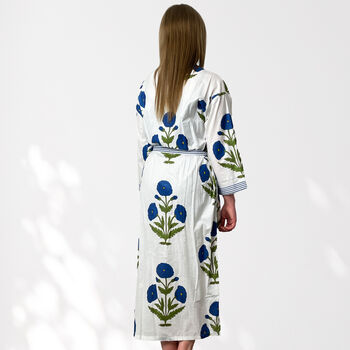 Blue Flower Block Print 100% Cotton Dressing Gown Kimono, 8 of 11