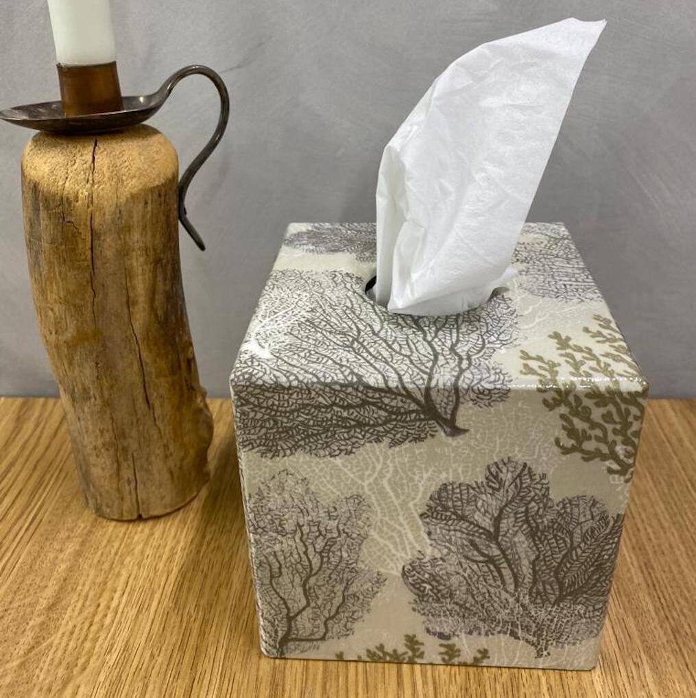 Silver Coral Tissue Box Cover wooden handmade UK 