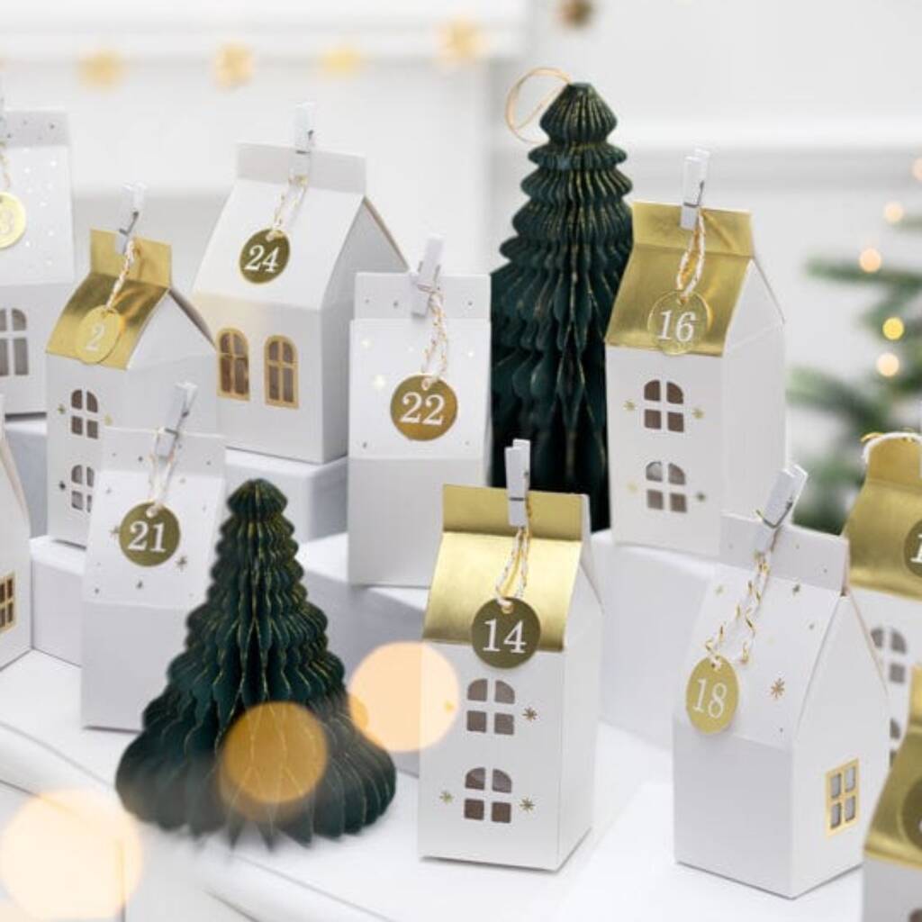 White And Gold Christmas Advent Calendar Houses By Little Big Party Co