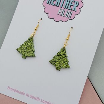 Small Light Green Glitter Christmas Tree Earrings, 3 of 4
