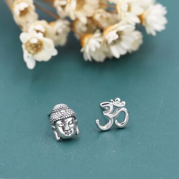 Mismatched Buddha Head And Om Stud Earrings In Sterling Silver, 6 of 12