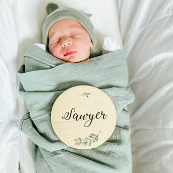 Personalised Olive Branch Wooden Baby Name Plaque, 2 of 4