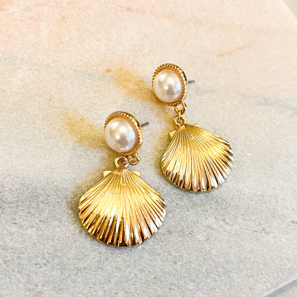 Chunky Pearl Stud And Textured Seashell Drop Earrings, 1 of 1