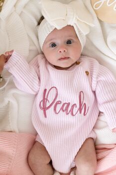 Pink Personalised Embroidered New Baby Name Long Sleeve Knitted Romper, 3 of 12