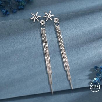 Snowflake Dangle Drop Stud Earrings In Sterling Silver With Tassels, 4 of 12